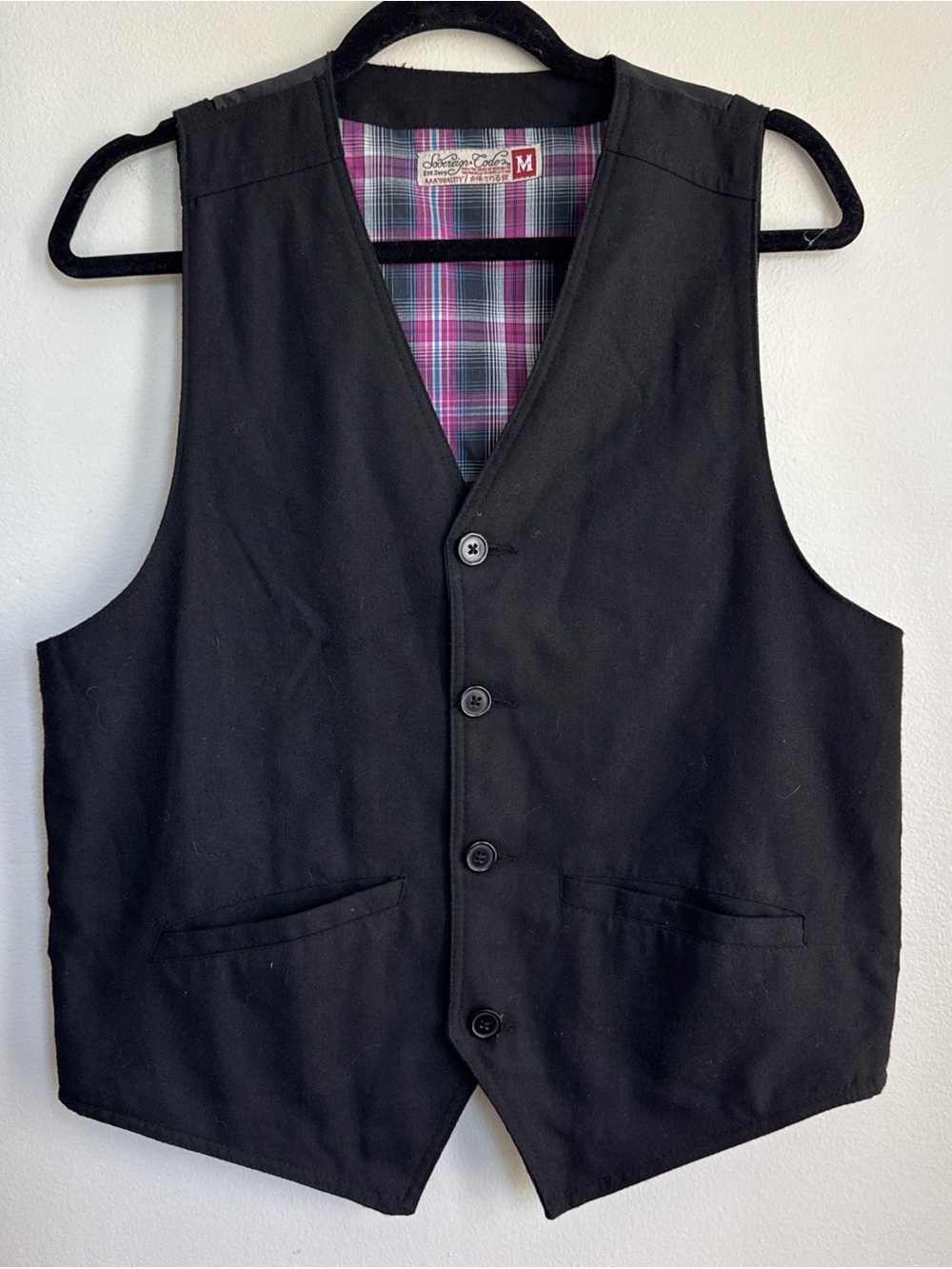 Sovereign Code Black Vest with Pink and Purple Plaid Lining